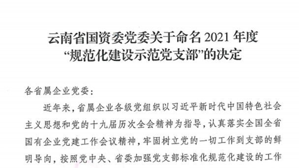 热烈祝贺！云煤（南宫NG28）集团所属2个党支部被定名为省国资委2021年度“规范化建设示范党支部”
